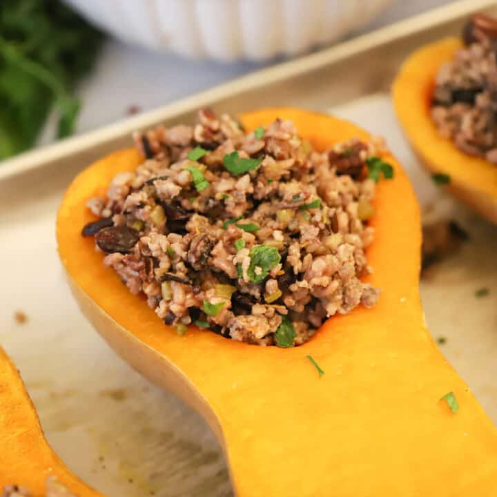 Wild Rice Stuffed Butternut Squash - The Carefree Kitchen