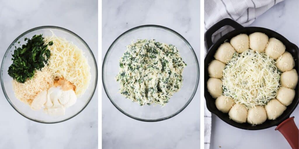 Side by side photos showing a glass mixing bowl full of dip ingredients, the mixed ingredients, and finally a skillet with the dip surrounded by rolls.