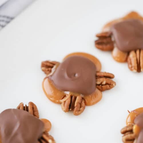 A serving plate with homemade turtles candy