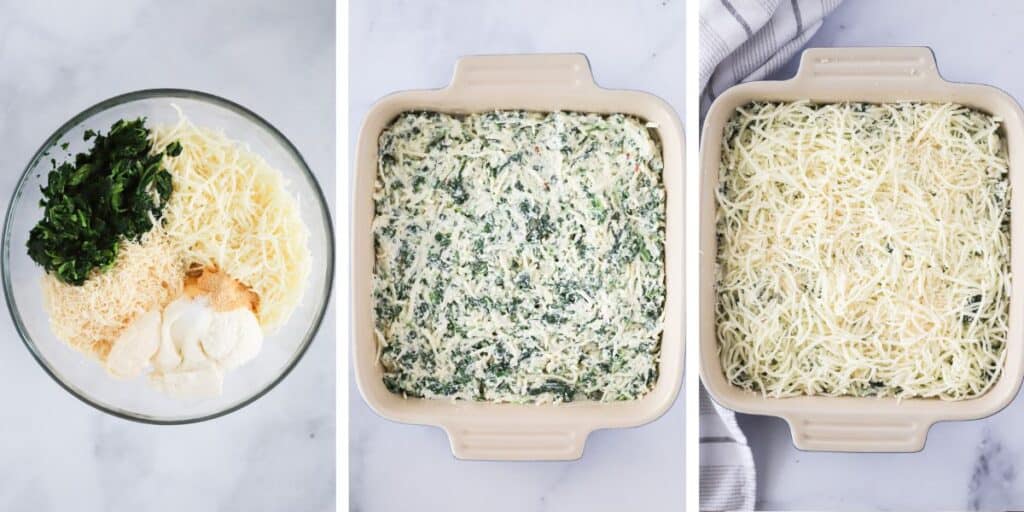 Side by side photos showing a glass bowl with dip ingredients, a baking dish with the mixture added, and another with shredded cheese added to the top.