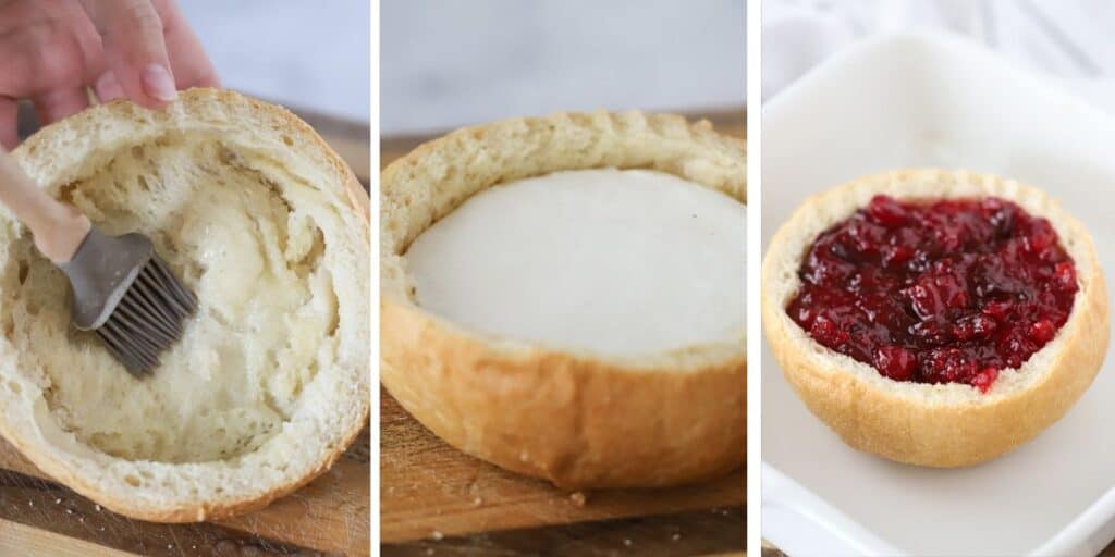 Side by side photos showing the process for brushing the bread round with butter, adding the wheel of cheese, and topping with cranberry sauce.