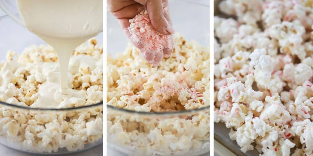 Side by side photos showing white chocolate being poured over a bowl of popcorn, crushed candy canes being sprinkled over the top, and the finished popcorn on a baking sheet.