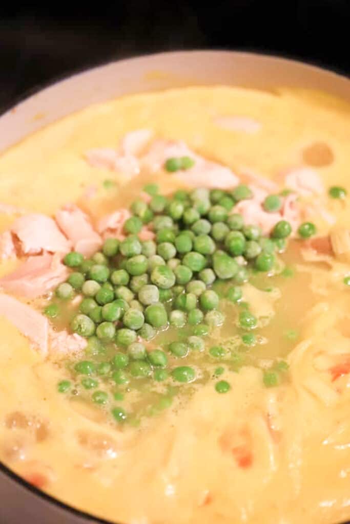 Homestyle chicken noodle soup (easy), full of frozen peas.