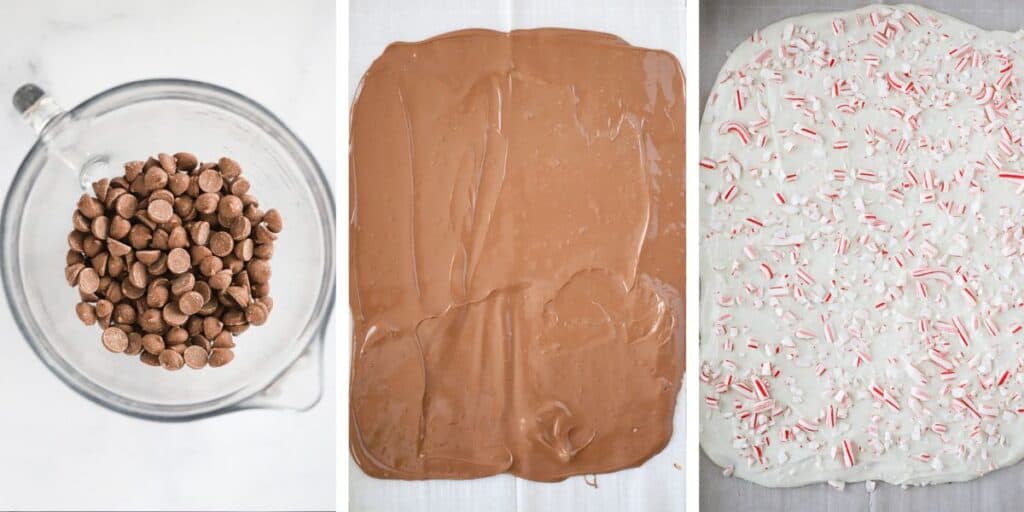 Side by side photos of a measuring cup with chocolate chips, melted chocolate spread onto a baking sheet, and melted white chocolate topped with candy cane pieces.