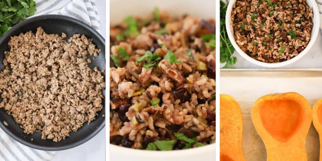 Side by side photos showing a saute pan full of ground sausage, a bowl with the wild rice mixture, and finally the squash halves scooped out with the bowl of filling next to it.