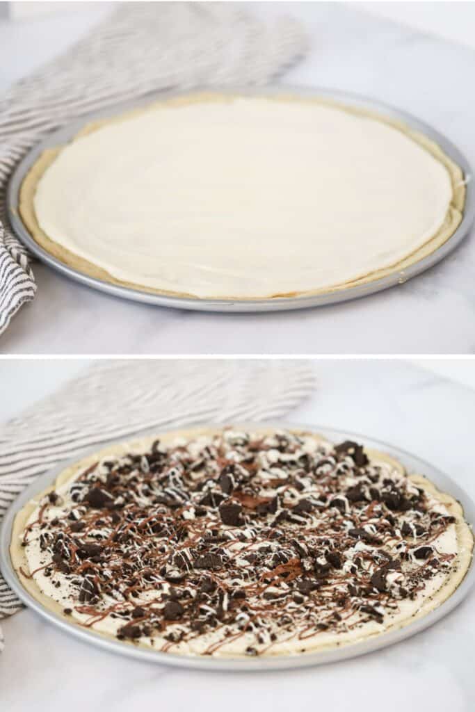 A pizza pan with baked cookie dough crust covered in cream cheese and topped with Oreos, caramel sauce, and chocolate drizzle to make this Oreo dessert recipe. Oreo pizza, best oreo dessert ideas.