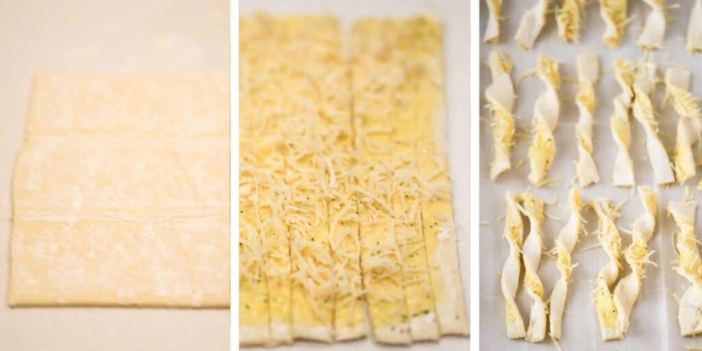Side by side photos showing a piece of puff pastry, strips of puff pastry topped with butter and cheese, and twists of puff pastry on a baking sheet. How to make cheese straws with puff pastry.