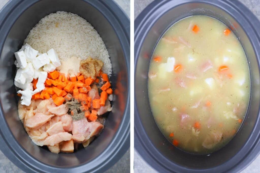 A crockpot from above showing ingredients for Cheesy Chicken and Rice.