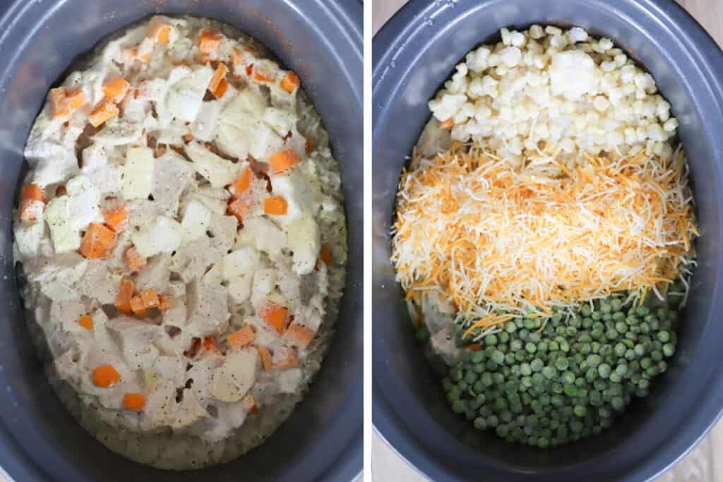 Photos showing a crockpot above with the following:  rice, chicken, veggies and cream cheese, the ingredients topped with broth and finally the cooked ingredients.
