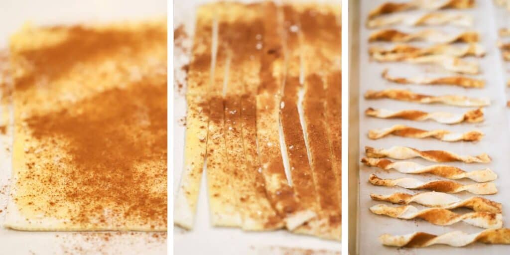 Side by side photos showing a puff pastry sheet with cinnamon sugar, strips cut out, and a row of Cinnamon Twists on a baking sheet. puff pastry cinnamon twists.  
