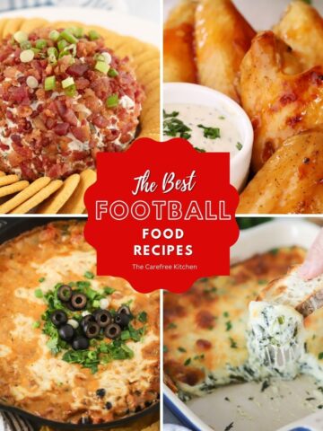 best game day foods collage- taquitos, cheese ball, dip and potato skins, party foods recipes.