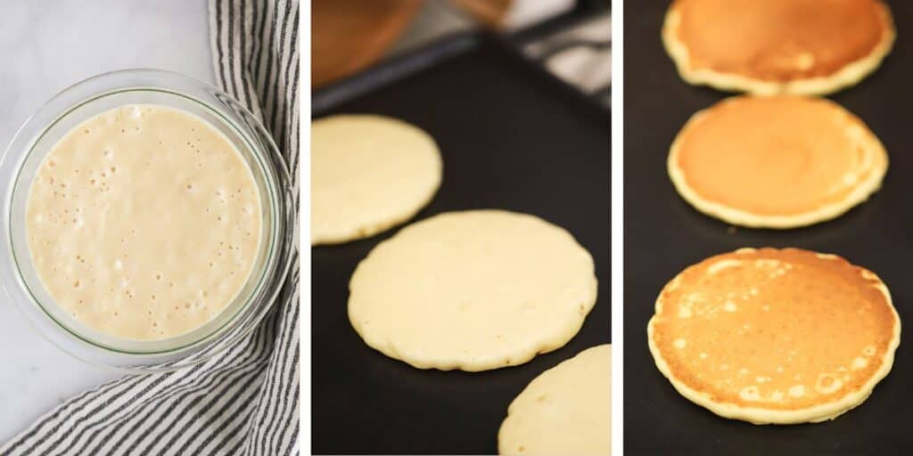 Side by side photos showing a bowl of pancake better, pancakes cooking on a griddle, and cooked pancakes on a griddle. Lemon ricotta pancakes recipe. Lemon pancakes recipe. Lemon ricotta waffles.