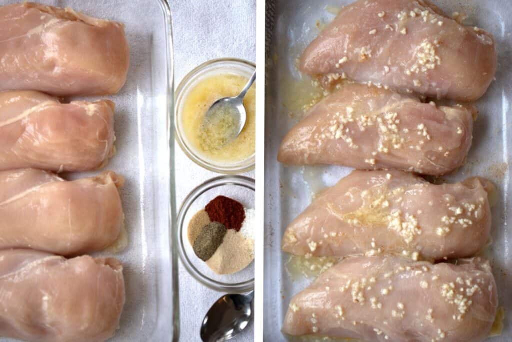 2 picture showing how to make the best baked chicken breast.  baked boneless chicken breast recipes. 
