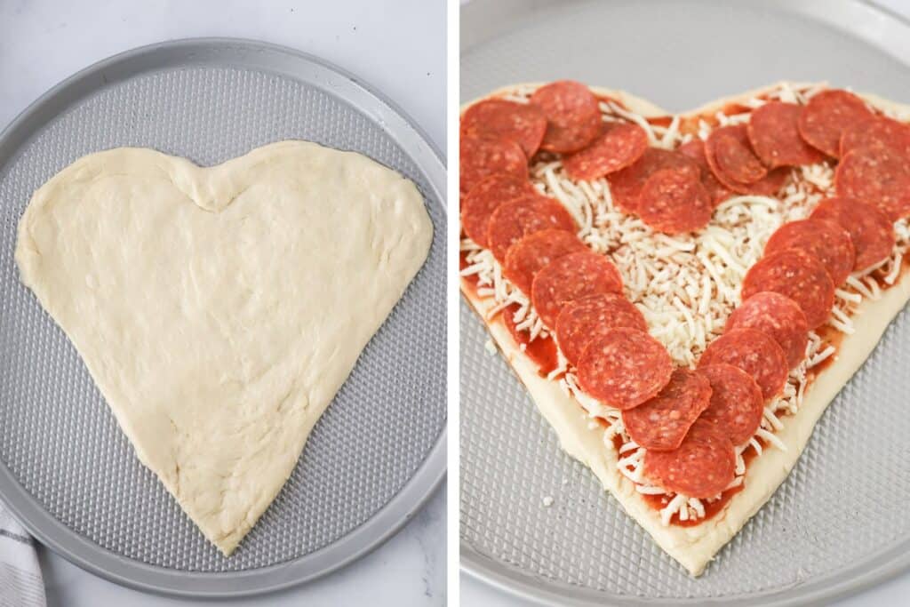 Pizza dough shaped into a heart and topped with sauce, cheese, and pepperoni. how to make heart shaped pizza. 