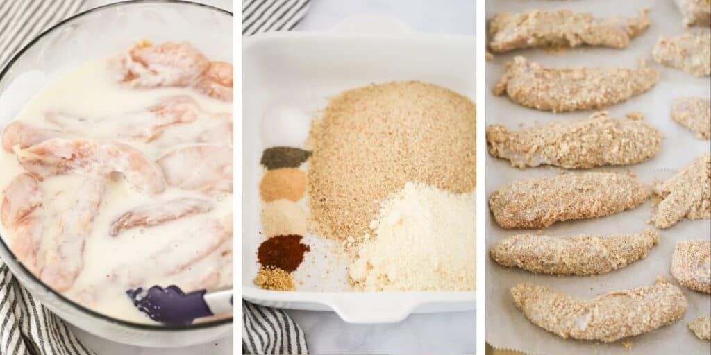 The steps for marinating and baking chicken tenders, including adding the chicken to the buttermilk, mixing up the breading, and coating the chicken. Baked chicken tender recipes, baked chicken strips in oven.