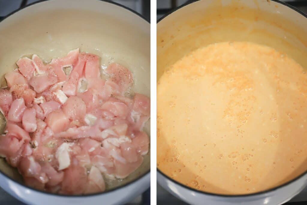 Raw chicken pieces in a dutch oven cooking next to a pot full of cheese sauce.