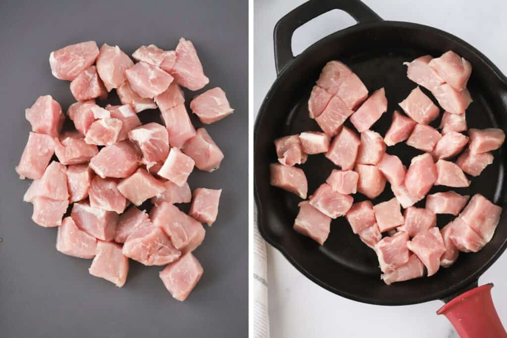 Cubed pieces of pork chop in a cast iron pan. Pork bite recipes.