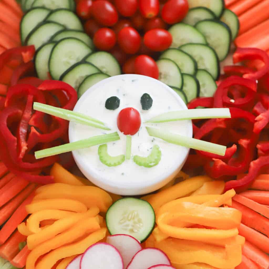 easter bunny vegetable tray, easter veggie tray, easter appetizer for easter dinner. 