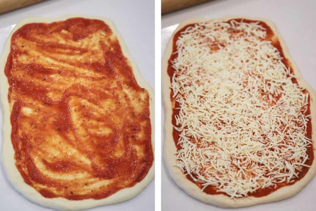 Pizza dough rolled into a rectangle and covered in pizza sauce and shredded cheese. pizza roll ups, pizza roll recipes. Pizza rollup recipe.