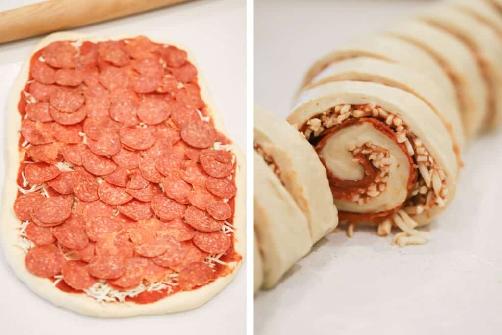 Pizza dough covered with pepperoni, then rolled up and sliced. pizza roll up recipe. 
