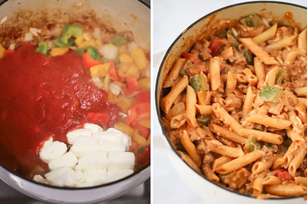 A dutch oven full of cooked peppers, marinara sauce, and cream cheese that has been mixed with cooked pasta.