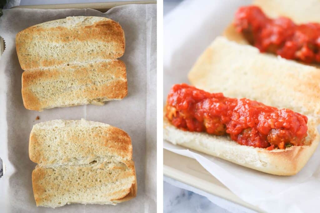 A sheet tray with a toasted hoagie bun laying flat next to another topped with meatballs and sauce; easy meatball sub recipe.