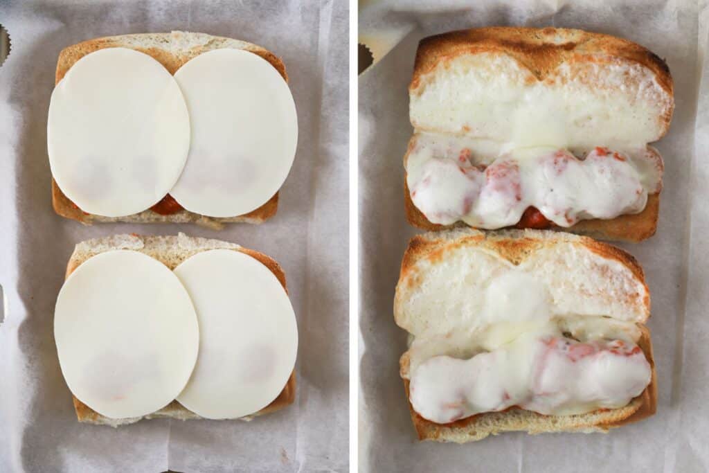Open-faced hoagie rolls with meatballs, sauce, and sliced cheese both untoasted and toasted; meatball hoagie.