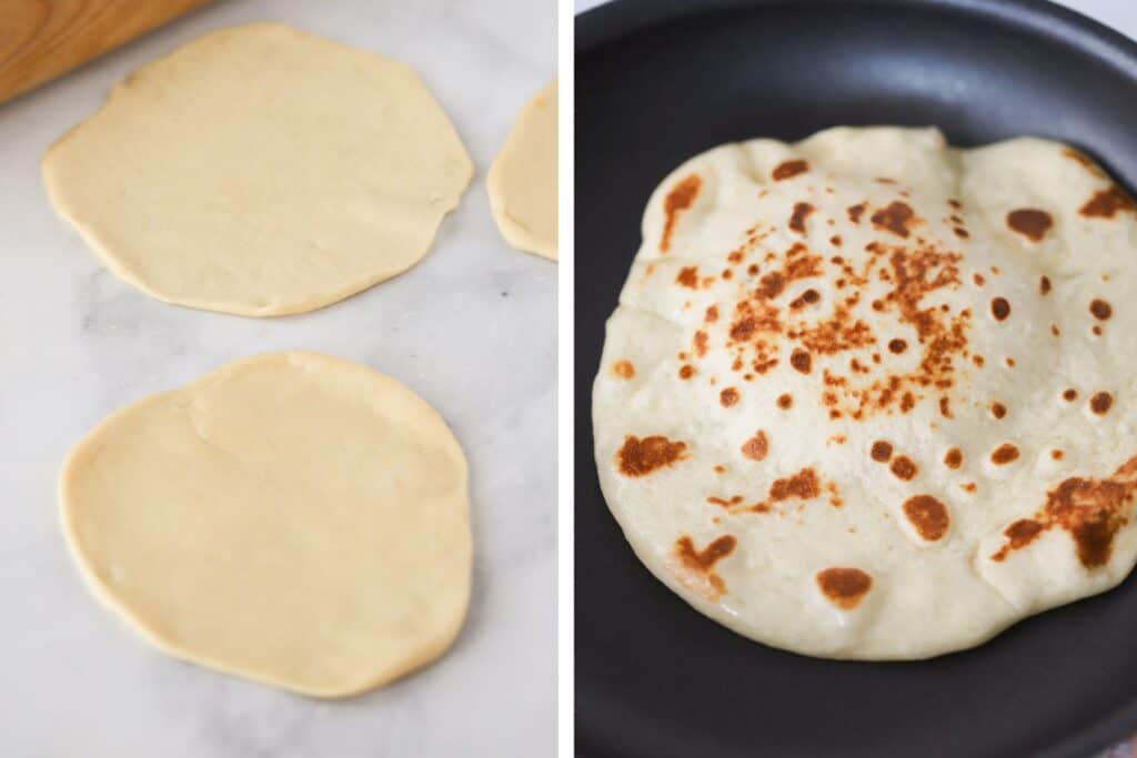 Rolled out dough next to a skillet cooking this naan bread recipe.