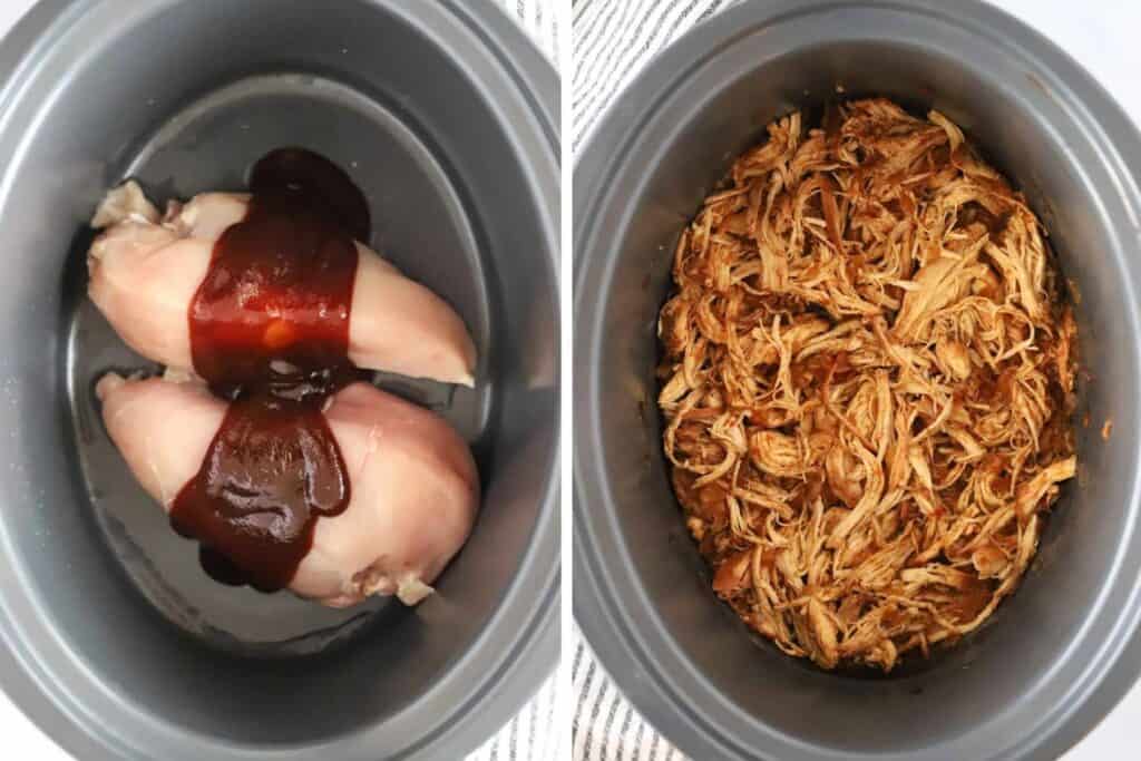 how to make pulled chicken in a slow cooker. A crockpot full of Slow Cooker BBQ Chicken.
