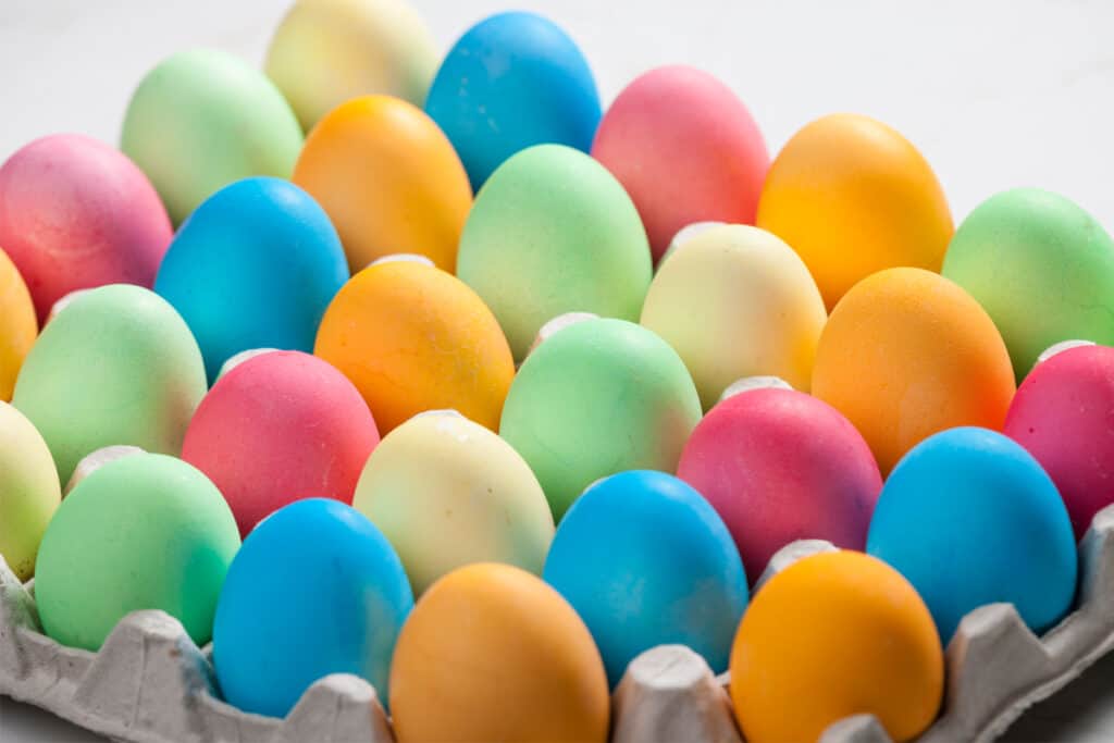 How to Dye Easter Eggs with food coloring; dyed Easter eggs.