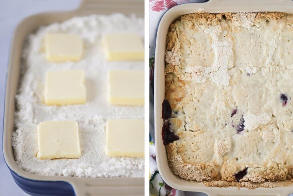 A baking dish with cobbler topped with cake mix and slabs of butter. Easy berry cobbler recipe. Cake mix berry cobbler recipe.