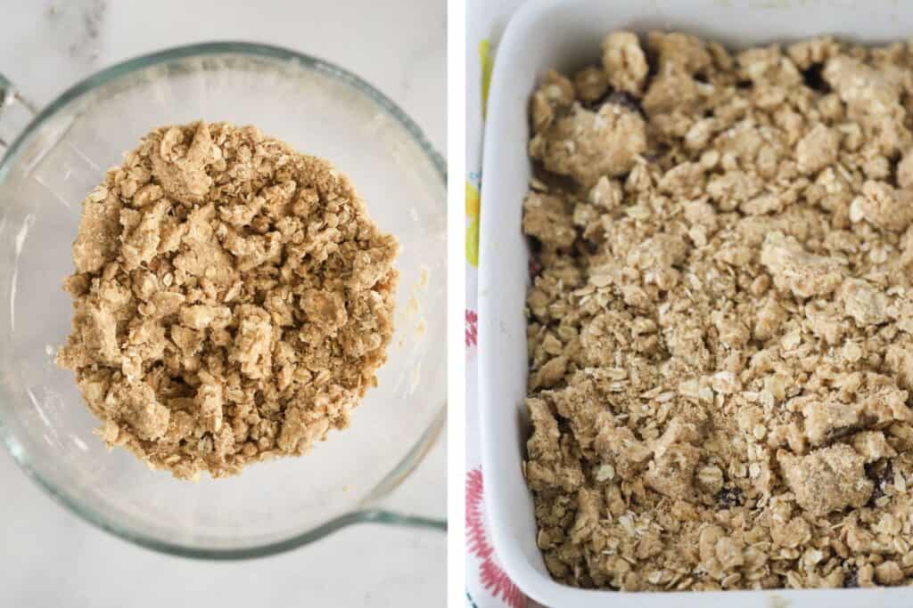 Oat crumble topping used in this recipe for Blackberry Crisp. Best Blackberry Crisp recipes. Recipes for blackberry crisp.