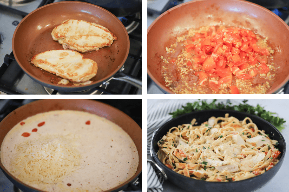 Spicy Cajun Chicken Pasta 4 Step-by-step process of making Cajun pasta with chicken, including sautéing chicken and preparing the creamy Cajun Alfredo sauce.
