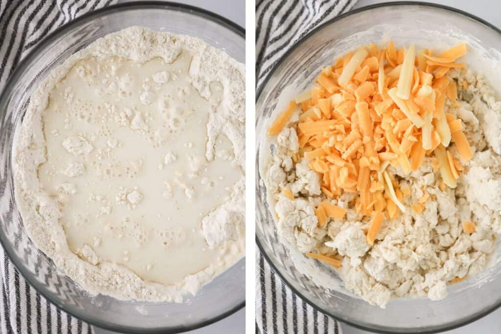 Ingredients to make this cheddar cheese biscuits recipe in a glass mixing bowl.