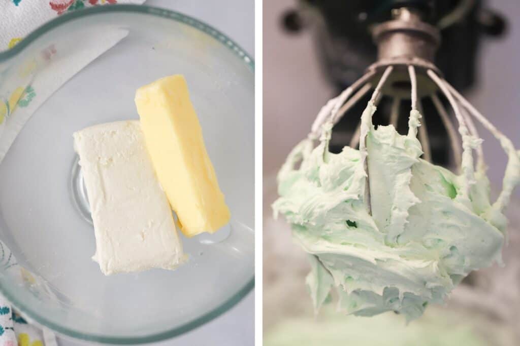 A mixing bowl with butter and cream cheese next to a whisk with mint frosting. Buttercream Mint frosting for cake, mint buttercream. Cream mint.
