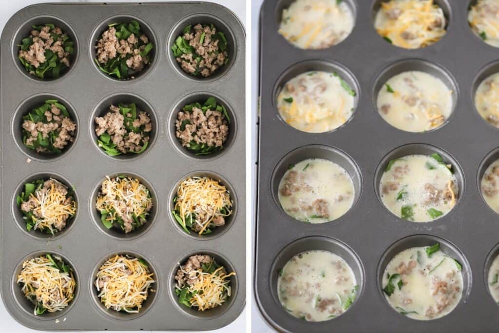 Muffin tins filled with ingredients to make this high protein egg bites recipe. These cottage cheese egg bites are filled with sausage, spinach, and cheese.