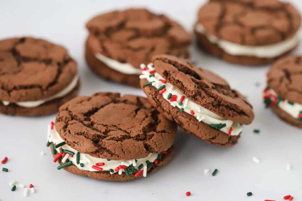 Our Homemade Oreo recipe with red, green, and white sprinkles on the edges.
