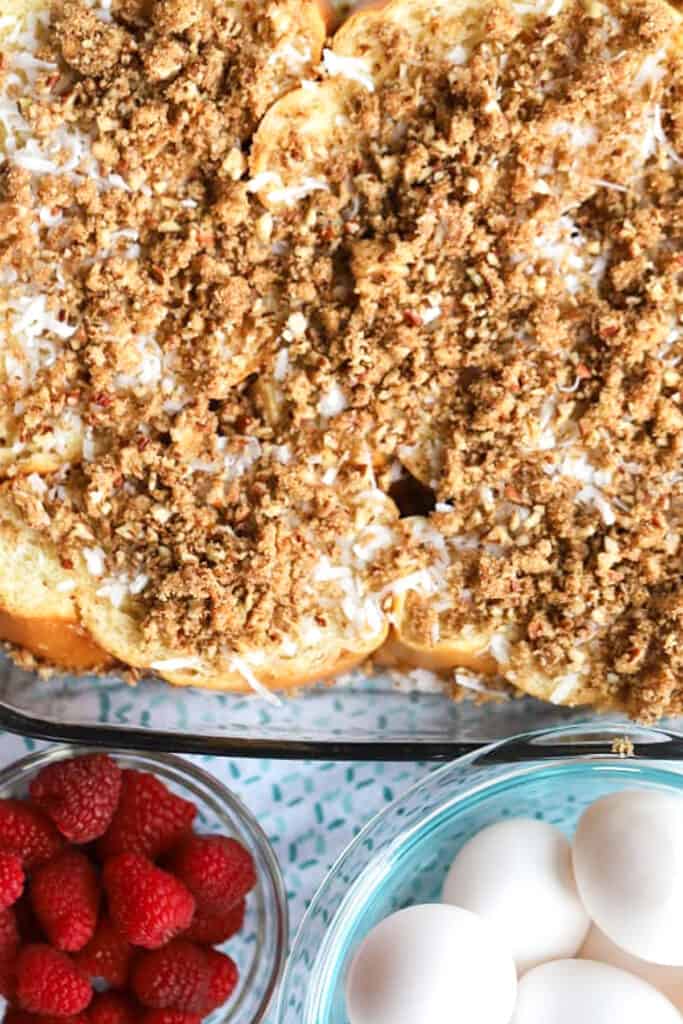how to make coconut french toast bake, overnight french toast bake, coconut breakfast recipe.