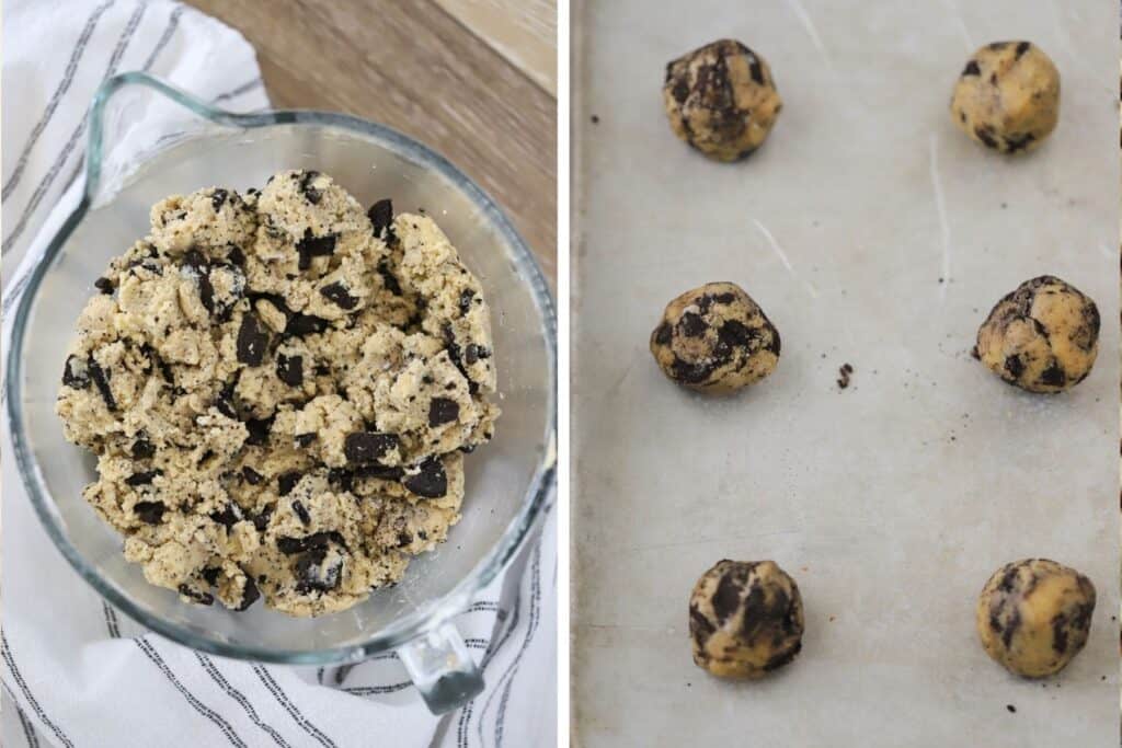 two pictures side by side, crushed oreo cookie dough on parchment paper, how to make crushed oreo recipe.