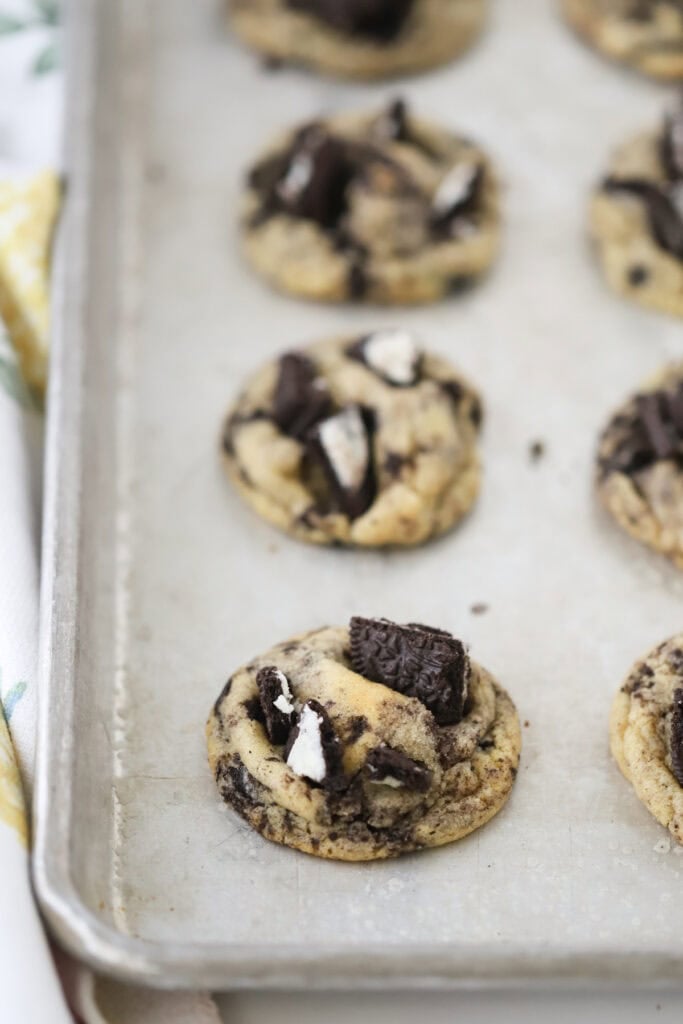 crushed oreo cookies on a baking sheet on parchment paper, oreo cookies recipe.