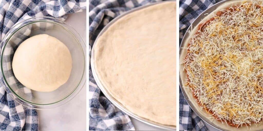 how to make dough for pizza. how to prep homemade pizza dough recipe, homemade dough in a glass bowl, how to bake pizza dough, pizza dough temperature