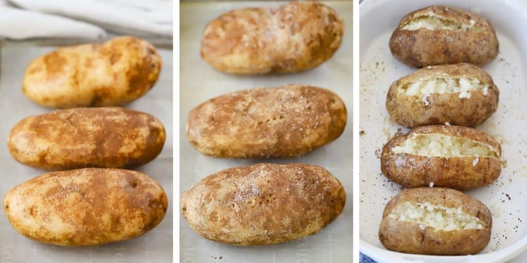 3 photos showing how to make an oven Baked Potatoes.