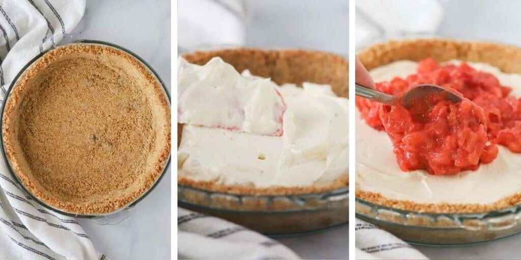 How to make a no bake strawberry rhubarb cream pie. Creamy rhubarb pie, cream rhubarb pie, strawberry graham cracker pie.