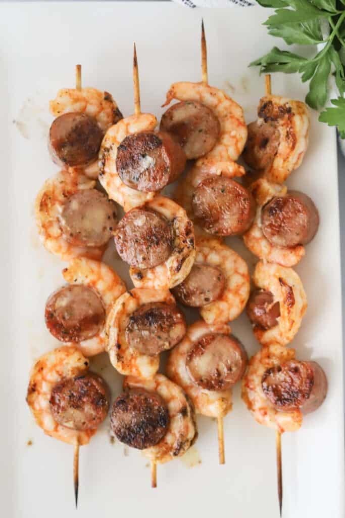 Grilled cajun shrimp and sausage kabobs, an easy way to prepare cajun sausage and shrimp and serve in tacos, over pasta or rice, or even in a salad.