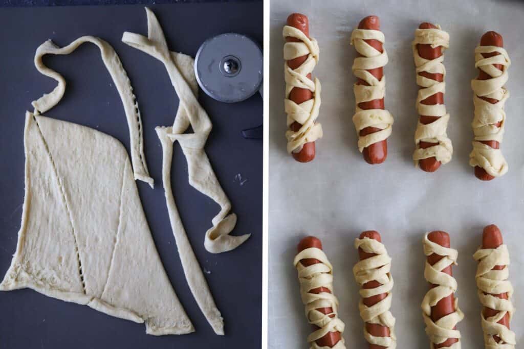 Mummy hotdogs, mummy dogs, how to make mummy hot dogs with crescent rolls. Easy halloween dinner ideas. 
