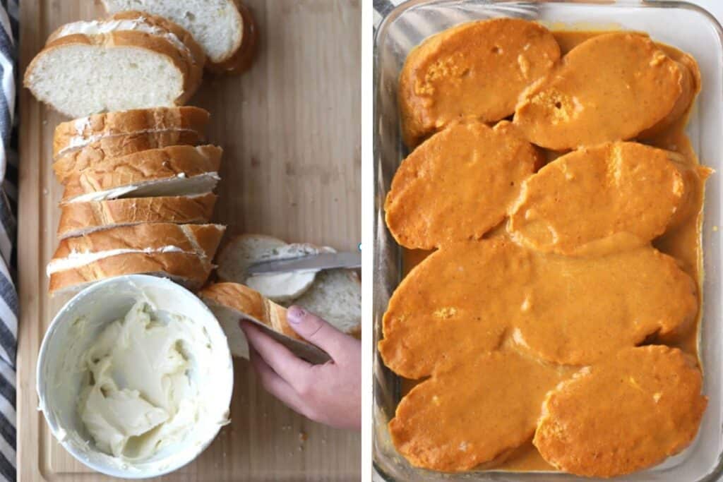 two pictures, Slices of French toast bread covered with pumpkin custard in a baking dish. How to make pumpkin french toast casserole, overnight french toast casserole. 