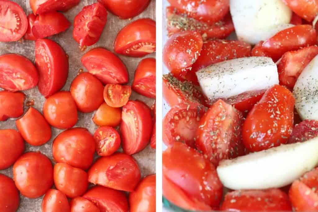 side by side pictures of fresh tomatoes on a baking sheet and also fresh tomatoes and onions with seasoning on top showing how to make homemade oven roasted marinara sauce.