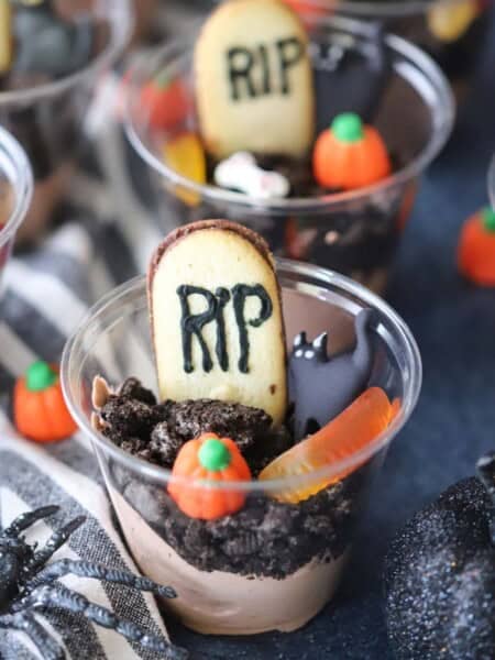 graveyard dirt cups decorated for a halloween party