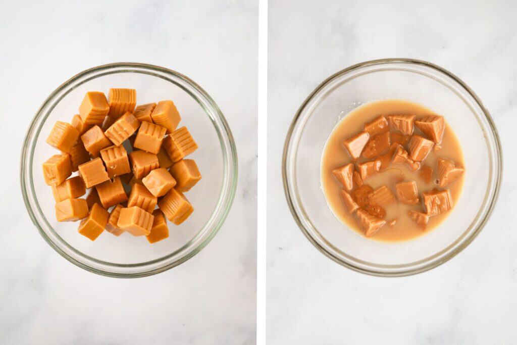 Step by step how to melt caramels in a glass bowl.