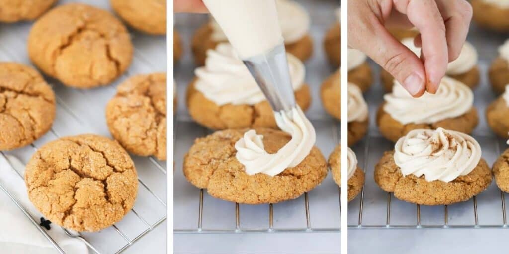 Piping cream cheese frosting for pumpkin cookies. Easy cream cheese pumpkin cookies.